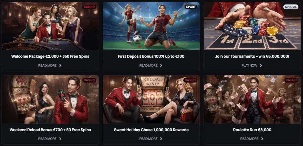 Προωθητικός πίνακας Casinova που δείχνει διάφορα μπόνους καλωσορίσματος και εκδηλώσεις.